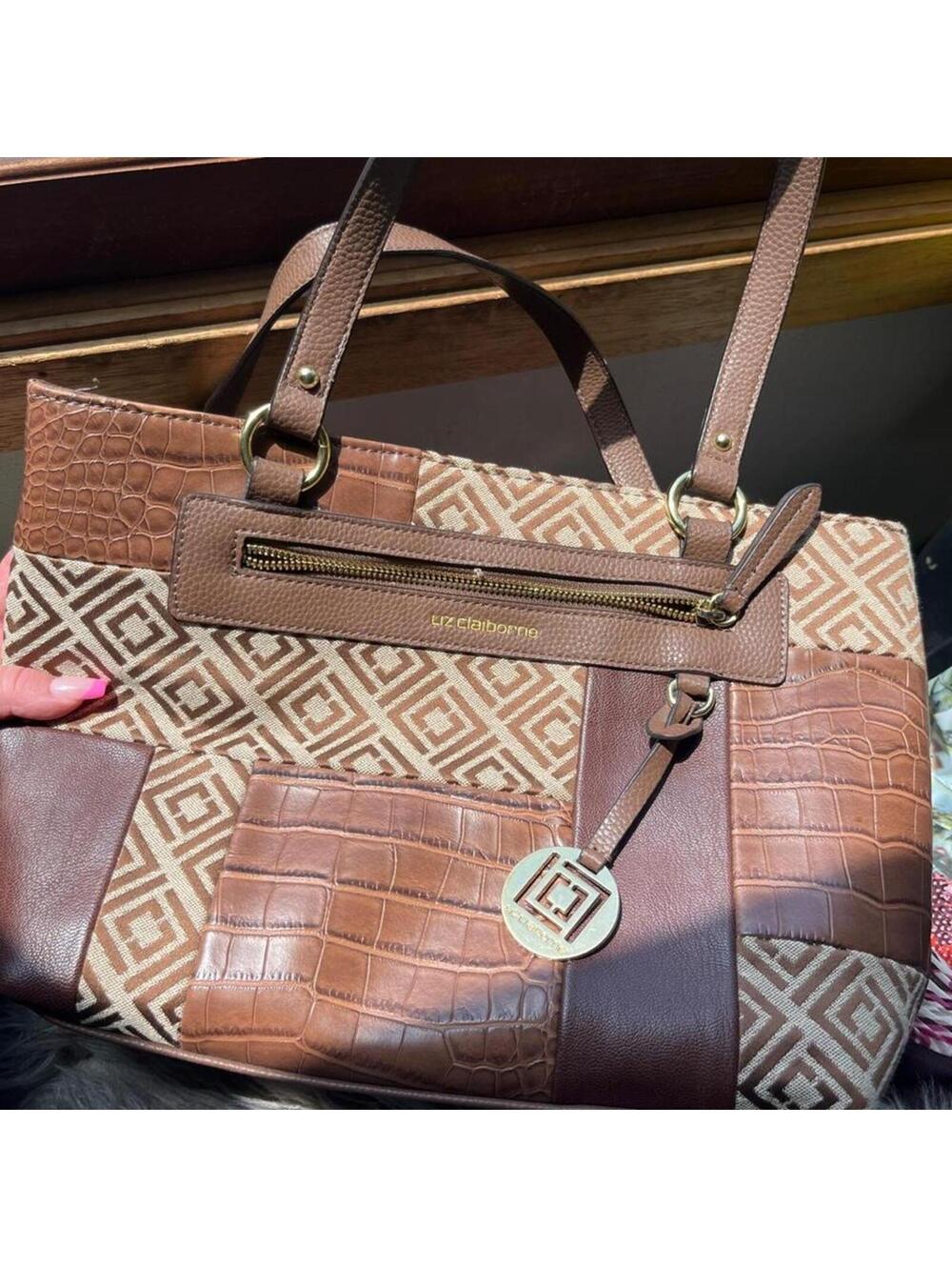 Liz Claiborne brown patchwork hand bag with gold accents
